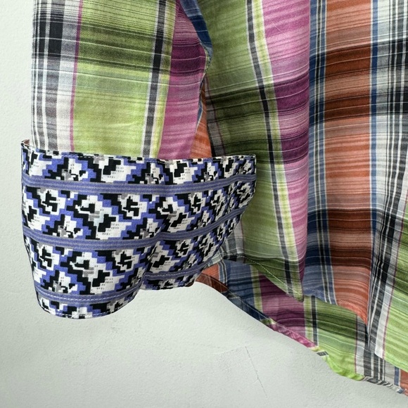 Robert Graham Size Large Bright Plaid Flip Cuff Shirt Button Front Pink Green - Picture 8 of 8